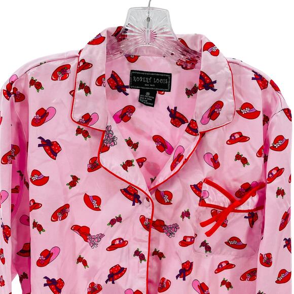 Robert Louis Pink Long Sleeve Satiny Button Closure Flowers Red Hats Top M - Picture 1 of 9